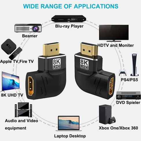 Warmstor 8K HDMI Adapter Right Angle 4 Pack, HDMI 2.1 Male to Female Adapters Up Down Left Right 270 90 Degree Adapter Gold Plated Support 8K@60Hz, 4K@120Hz, HDR, eARC for HDTV Switch Laptop PS4 PS5 in Kuwait