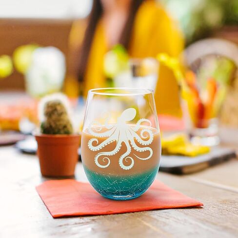 Whale Stemless Wine Glasses: Handmade Crackle Teal Beach Wine Glass for Women, Ocean Themed Birthday Day Gifts 18 Ounces - Set of 1 in Saudi Arabia