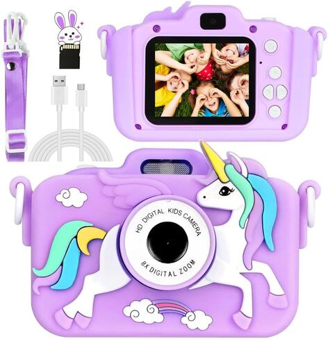Unicorn Camera for Kids - Toddler Digital Selfie Camera with Silicone Cover, Flash and 32GB SD Card - Children Toy HD Video Kids Camera for Girls and Boys 3-12 Years Old - Blue in Kuwait