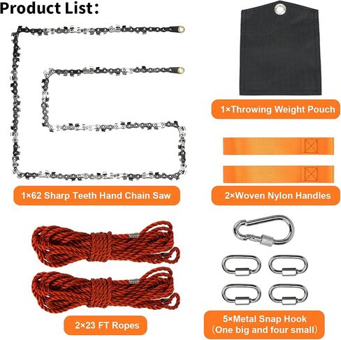Rope Saw for Tree Limbs, 55 Inch Rope Chain Saw with 70 Sharp Teeth ＆ 46 Feet Ropes Kit, Rope Saw Tree Saw High Limb Rope Chainsaw, Pocket Chainsaw in Kuwait