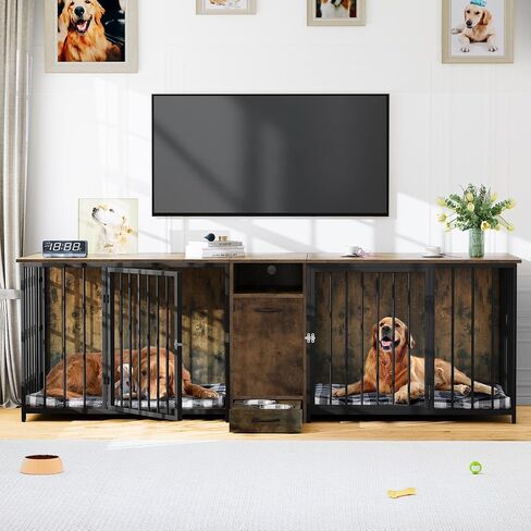 YITAHOME Double Dog Crate Furniture, 80.2 inch Large Breed Dog Kennel with Divider, Heavy Duty Dog House TV Stand Indoor for 2 Medium Dogs, Black in Saudi Arabia