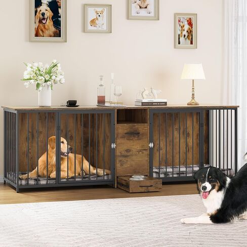 YITAHOME Double Dog Crate Furniture, 80.2 inch Large Breed Dog Kennel with Divider, Heavy Duty Dog House TV Stand Indoor for 2 Medium Dogs, Black in Saudi Arabia
