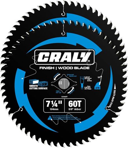 CRALY 6-1/2 Inch 60 Teeth Ultra Fine Finish Wood Cutting Circular Saw Blade, 5/8 Inch Arbor, Carbide Tipped, Thin Kerf, Black Ice Coating, for Plywood, MDF, OSB, Laminated, 2-Pack(C0660FF-2) in Saudi Arabia