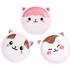 Cat Food Bowl,for Indoor Cats Ceramic Cat Bowls Set, Whisker Friendly Cat Dishes for Food and Water,5.91 Inch Shallow Kitten Feeding Plates, Cute Cat Bowl Set of 3 with Non-Slip Silicone Bottom