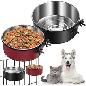 2 Pack Crate Bowls Stainless Steel Kennel Bowls for Medium & Small Dogs Crate Water Bowls Mountable with Clamp Holder 2 Sizes（6.3x2.56’’,5.5X 2.36’’ ） Hot Pink