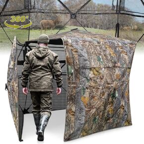 Hunting Blind 360°See Through Ground Blind Full Open Door Deer Blind Camouflage 2-3Person Deer Blind with Silent Sliding Windows, Portable Hunting Tent for Deer Hunting