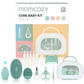 Momcozy Core Baby Kit, Baby Essential Kit for Grooming & Health & Cleansing Care, Includes Nail File Kits, Nasal Aspirator, Gas Relief Tubes, Bath Brushes, Toothbrush, Comb, Portable Storage Case