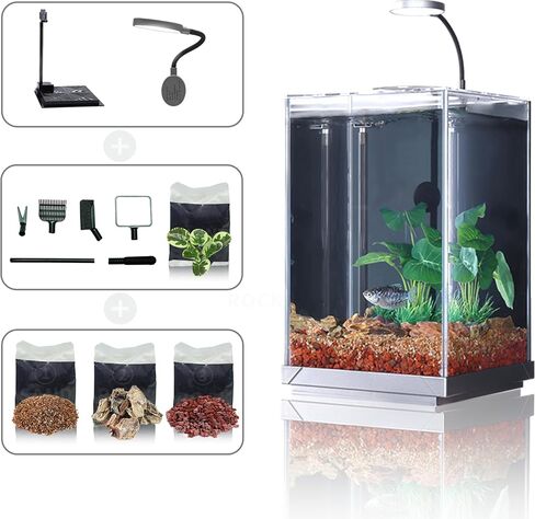 3 Gallon Fish Tank Aquarium Starter Kit, Including Glass Small Fish Bowl, Heater, Self-Cleaning Filter, Light, Rocks, Gravel, Plants, Cleaning Tool Set.Beginner's Gift for Betta, Guppy in Kuwait