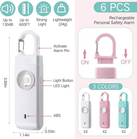 6 Pcs Rechargeable Personal Safety Alarm for Women 130dB Loud Sound Personal Siren with LED Self Defense Keychain for Women Daughter Seniors Elderly Teen Student in Saudi Arabia