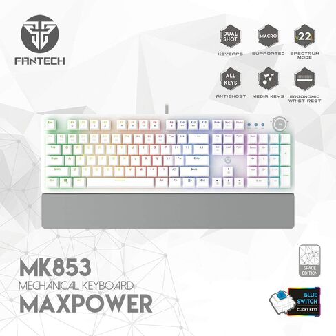 مجموعة لوحة مفاتيح وماوس ألعاب FANTECH P31SE RGB ولوحة ماوس كبيرة، لوحة مفاتيح ميكانيكية سلكية مكونة من 104 مفاتيح ومفتاح أزرق مع مسند للمعصم وماوس ألعاب 10K DPI ولوحة ماوس ألعاب (31.5×12 بوصة) للكمبيوتر الشخصي، أبيض in Kuwait