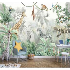 Kids Wallpaper Tropical Leves and Safari Animals Wall Mural for Wall Bedroom Living Room TV Background Sofa Wall（Not Peel and Stick）