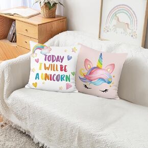 Bonhause Unicorn Throw Pillow Covers for Kids Rainbow Pink Pillow Covers for Girls Bedroom Decor 18x18 Set of 4