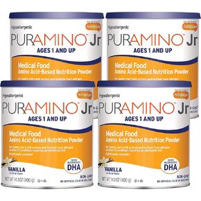 PurAmino Junior Hypoallergenic Toddler Drink, for Severe Food Allergies, Omega-3 DHA, Iron, Immune Support, Vanila Powder Can, 14.1 Oz (Pack of 4)