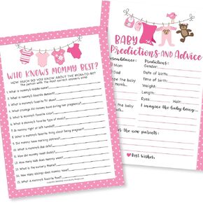 Pink Baby Shower Games For Girls - 2 Games Double Sided, 25 Who Knows Mommy Best Baby Shower Game To Play, 25 Baby Prediction And Advice Cards, Baby Shower Advice Cards, Baby Shower Ideas