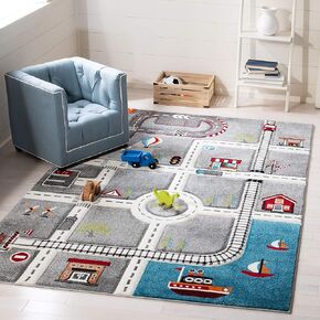 SAFAVIEH Carousel Kids Collection Area Rug - 4' Square, Grey & Ivory, Non-Shedding & Easy Care, Ideal for High Traffic Areas for Boys & Girls in Playroom, Nursery, Bedroom (CRK192F)