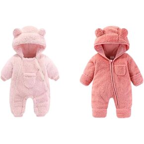 0-3Months Newborn Baby Bear Onesie Outfit Suit Girls Boys Pink Fleece Jumpsuit Romper Hooded Coat Winter Clothes Newborn Baby Bear Onesie Outfit Suit Fold-Over Mittens Footies