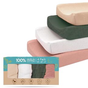 100% Muslin Changing Pad Cover Pack of 4-32x16 Ultra Soft 120GSM Baby Changing Pad Covers for Girls and Boys - Easy wash Diaper Changing pad Cover with Low Shrinkage