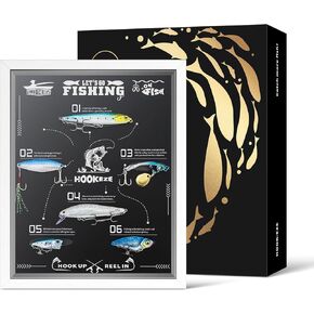 Fishing Gifts for Men, HOOK-EZE Fishing Lures Shadow Box, 6 Bass Fishing Baits for Topwater, Unique Fathers Day Fishing Gifts for Dad Papa Grandpa, Cool Birthday Ideas | Black