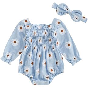 ZAXARRA Infant Baby Girl Romper Flowers Baby Long Sleeve Romper Fall Winter Festival Clothes with Headband