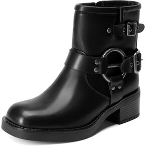 DREAM PAIRS Women's Ankle Boots Fashion Buckles Square Toe Motorcycle Riding Biker Boots Low Chunky Heel Fall Booties Shoes
