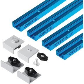 POWERTEC 72159 مسار T عالمي مزدوج القطع مقاس 24 بوصة مع مجموعة توقف قصيرة ثنائية الاتجاه، 4 مسارات T مقاس 24 بوصة و4 قطع كتل توقف لأدوات وتركيبات الأعمال الخشبية، والصنفرة، والتوجيه
