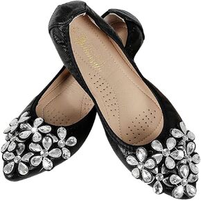 Women's Rhinestone Flats Sequins Wedding Shoes Comfort Pointed Toe Ballet Flat Shoe Low Heel Dress Shoe