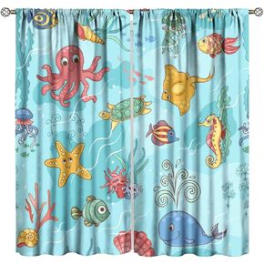 Sea Life Pattern Curtains Cartoon Whale Octopus Seagrass Starfish Shells Sea Fish Colorful Window Drapes for Kids Boys Girls Room Bedroom Living Room Office Kitchen