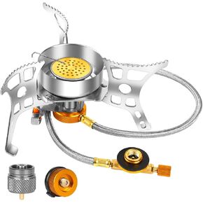 9900W Windproof Camping Gas Stove, Portable Camping Stove with Piezo Ignition, 1LB Propane Tank Adapter, Butane Adapter for Outdoor Cooking, Picnic, Camping and Hiking