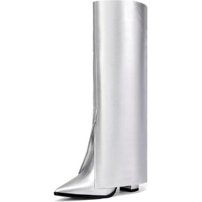 IDIFU Knee High Women Shark Boots Fold Over Tall High Chunky Heel Boots Pointed Toe Block Heeled Booties for Women Zip Up Dress Long Comfortable Cute Fashion Dressy Sexy Trendy Heel Booties Boots