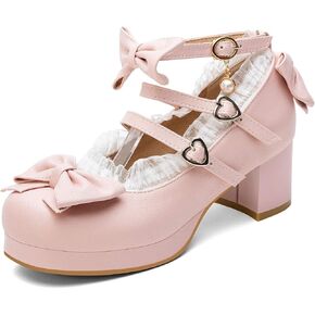 100FIXEO Women's Kawaii Platform Ankle Strap Chunky Heel Mary Jane Pumps Cute Closed Toe Goth Strappy Bow Lace Party Dress Shoes in Saudi Arabia