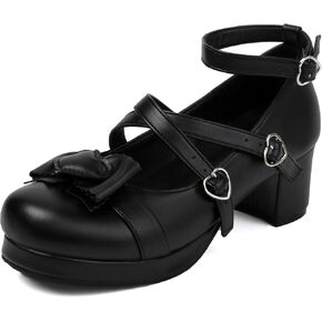 100FIXEO Women's Kawaii Platform Ankle Strap Chunky Heel Mary Jane Pumps Cute Closed Toe Goth Strappy Bow Lace Party Dress Shoes