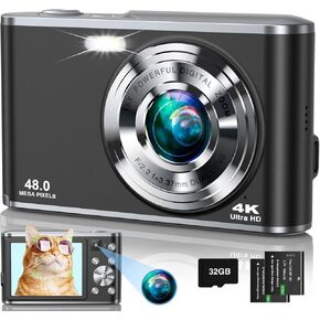 4K Digital Camera, 48MP Autofocus Kids Camera Selfie with Front and Rear Dual Lenses, 32GB Card, 2 Batteries, 16X Digital Zoom, Compact Travel Vlogging Video Camera Gift for Kid Teen Beginner(Black)