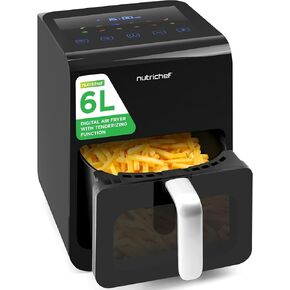 NutriChef Double Basket Air Fryer 8.8 QT | Family Size Oil Free Digital Cooker with Transparent Window | 9-1 Preset Cooking Options | 360° Hot Air Circulation Technology | 4.4 QTs per Basket | Black