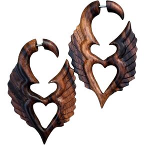 UMBRELLALABORATORY Tribal Organics Earrings Wooden Tropical Feathered Bird Style Fake Gauges
