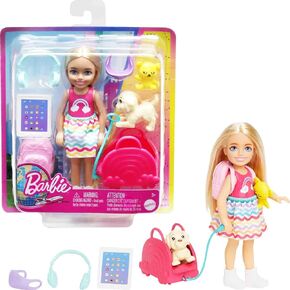 Barbie Chelsea Doll & 6 Accessories, Travel Set with Puppy, Pet Carrier & Backpack that Opens & Closes, Blonde Small Doll in Saudi Arabia