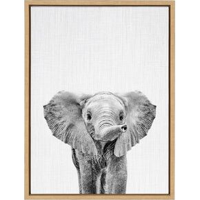 Kate and Laurel Sylvie Black and White Baby Elephant Framed Canvas Wall Art by Simon Te Tai, 18x24 Gray, Cute Animal Home Decor for Living Room, Bedroom, Bathroom, Or Nursery