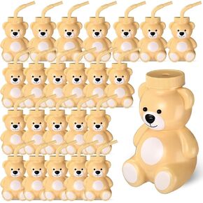 Maxdot 24 Pieces Bear Cups with Straws and Lids, 10 oz Plastic Bear Shape Cup Reusable Creative Cups Bulk for Baby Shower Kids Birthday Wedding Party Favors, Brown