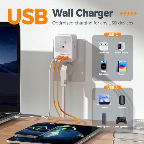 30W USB C Wall Charger, TESSAN Fast Charging Multi Plug Adapter with 3 Outlet Extender Surge Protector, Multiple Plug with 4 USB Block Power Delivery (2 USB C Ports) for Home Office Essentials in Saudi Arabia