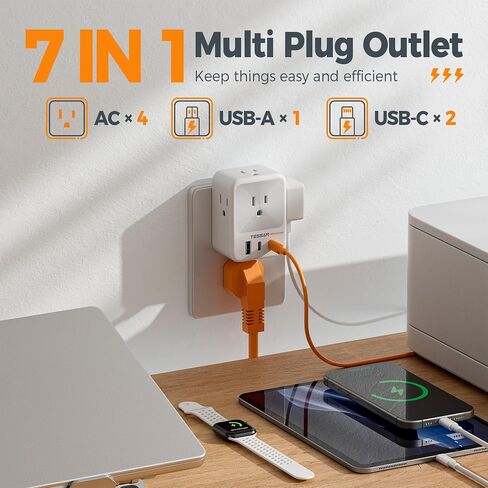 30W USB C Wall Charger, TESSAN Fast Charging Multi Plug Adapter with 3 Outlet Extender Surge Protector, Multiple Plug with 4 USB Block Power Delivery (2 USB C Ports) for Home Office Essentials in Saudi Arabia