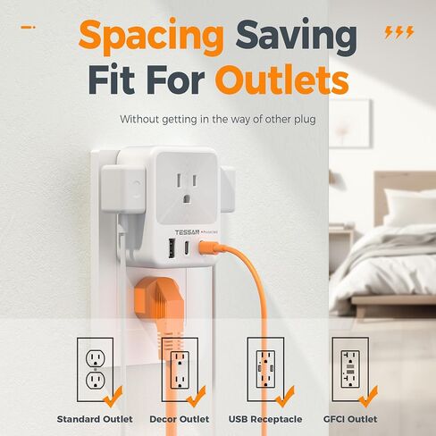 30W USB C Wall Charger, TESSAN Fast Charging Multi Plug Adapter with 3 Outlet Extender Surge Protector, Multiple Plug with 4 USB Block Power Delivery (2 USB C Ports) for Home Office Essentials in Saudi Arabia