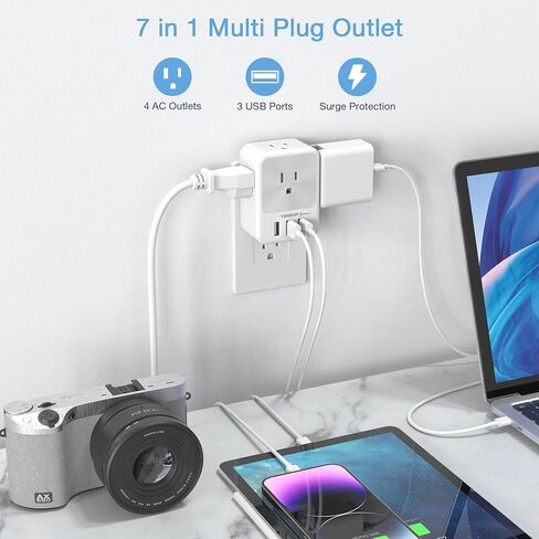 30W USB C Wall Charger, TESSAN Fast Charging Multi Plug Adapter with 3 Outlet Extender Surge Protector, Multiple Plug with 4 USB Block Power Delivery (2 USB C Ports) for Home Office Essentials in Saudi Arabia