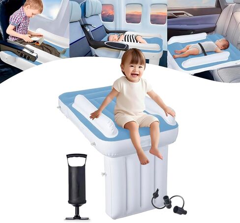 سرير طائرة للأطفال قابل للنفخ، أسرة سفر بالطائرة للأطفال من عمر 0 ​​إلى 4 سنوات (أزرق فاتح)، سرير سفر قابل للنفخ للأطفال الصغار مع مضخة وحزام مقعد وحقيبة سفر in Saudi Arabia