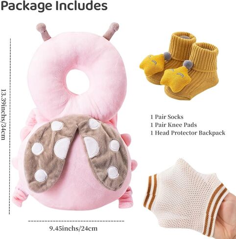 Baby Head Protection Backpack for Crawling and Walking Adjustable with Baby Knee Pads (Pink Ladybugs) in Saudi Arabia