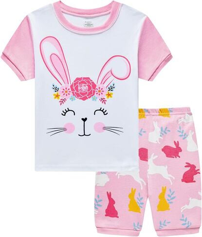 طقم بيجامات للفتيات الصغيرات بأكمام قصيرة من Popshion مصنوع من القطن بنسبة 100% ملابس صيفية قصيرة للفتيات الصغيرات in Kuwait