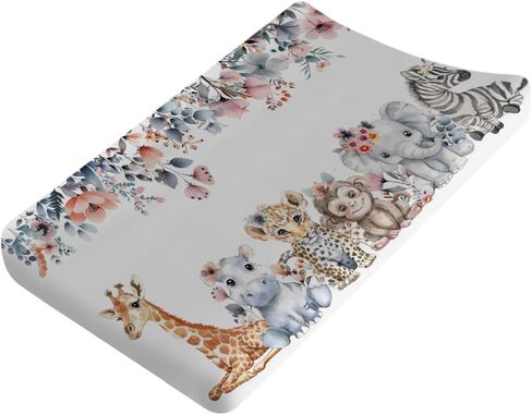 Jungle Safari Animals Boho Floral Changing Pad Covers Zoo Leopard Elephant Giraffe Zebra Hippo Monkey Baby Change Table Cover for Boy Girl Soft Stretch Fitted Diaper Changing Pad Sheet Mats 32''x16'' in Kuwait