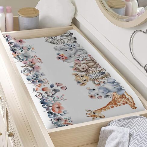 Jungle Safari Animals Boho Floral Changing Pad Covers Zoo Leopard Elephant Giraffe Zebra Hippo Monkey Baby Change Table Cover for Boy Girl Soft Stretch Fitted Diaper Changing Pad Sheet Mats 32''x16'' in Kuwait