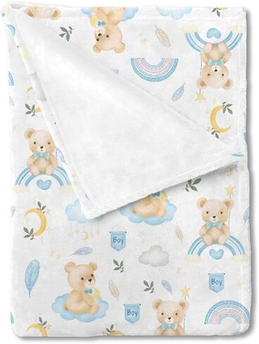 Watercolor Bear Rainbow Baby Blanket for Boy Blue Bear Moon Cloud Feather Leaves Receiving Blanket Animal Soft Flannel Swaddle Blanket Daycare Newborn Nursery Toddler Bed Blanket Playmat 30x40 in Kuwait