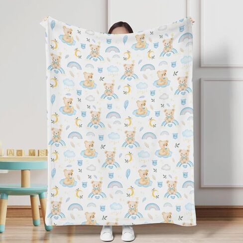 Watercolor Bear Rainbow Baby Blanket for Boy Blue Bear Moon Cloud Feather Leaves Receiving Blanket Animal Soft Flannel Swaddle Blanket Daycare Newborn Nursery Toddler Bed Blanket Playmat 30x40 in Kuwait