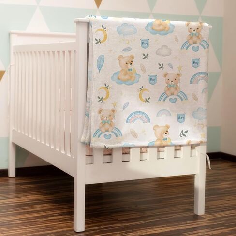 Watercolor Bear Rainbow Baby Blanket for Boy Blue Bear Moon Cloud Feather Leaves Receiving Blanket Animal Soft Flannel Swaddle Blanket Daycare Newborn Nursery Toddler Bed Blanket Playmat 30x40 in Kuwait