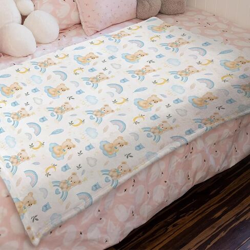 Watercolor Bear Rainbow Baby Blanket for Boy Blue Bear Moon Cloud Feather Leaves Receiving Blanket Animal Soft Flannel Swaddle Blanket Daycare Newborn Nursery Toddler Bed Blanket Playmat 30x40 in Kuwait